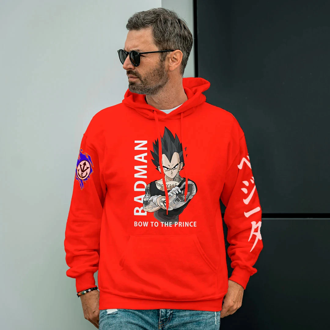 Sudadera con capucha verde de Dragon Ball con estampado de personajes Vegeta, diseño de tatuaje de brazo con pose de batalla de pelo negro con puntas para adultos y niños