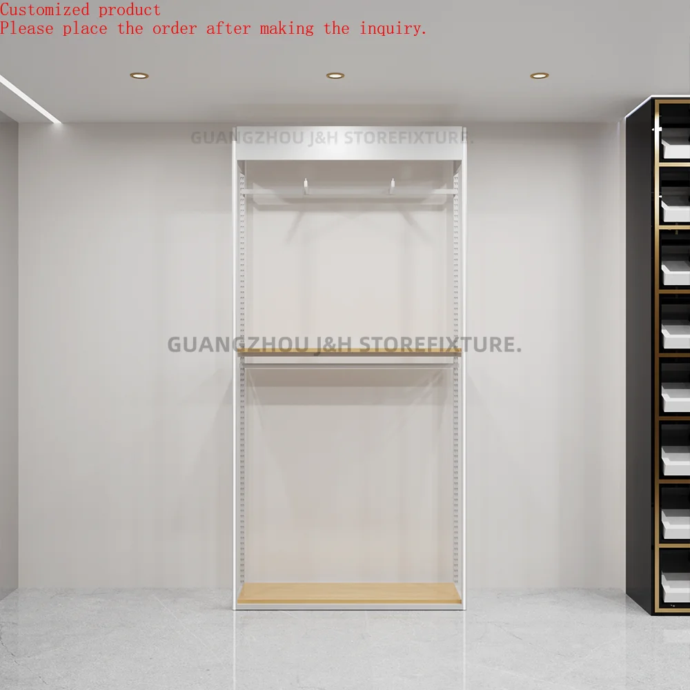 

Texture Clothes Shop Display Rack Custom Logo Classic Design Metal White Clothes Hanging Shelves Stand for Man Shop