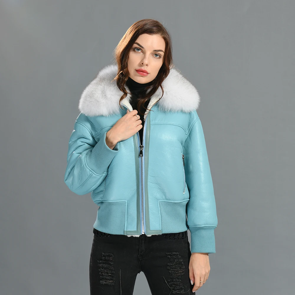 Luxyonuo-Chaqueta de piel de oveja auténtica para mujer, abrigo de piel de zorro de lujo con Cuello de piel de oveja, prendas de vestir exteriores de cuero, Invierno