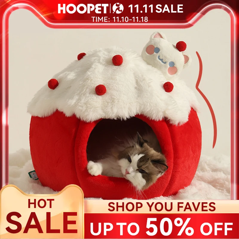 HOOPET Cat House Cat Litter Winter Warm Super Large Cat Bed Winter Pet Cat House Enclosed Security Strawberry Pet Litter