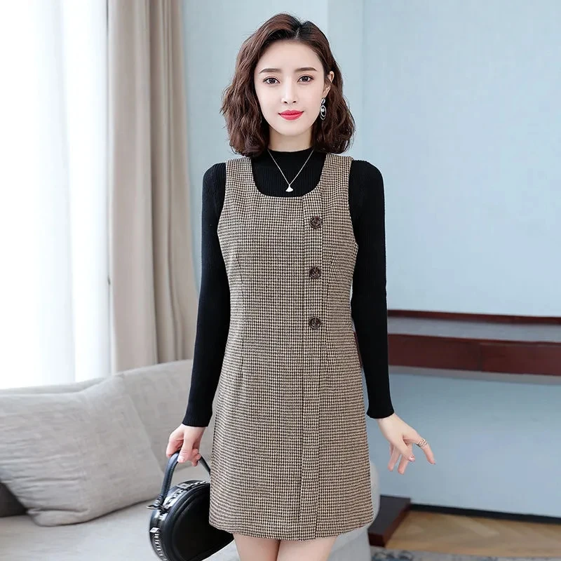 Woolen Dress Women\'s New Sleeveless Strap Dress Spring Autumn Mid Length Slim All-match Elegant Spaghetti Bottom Wool Vestidos