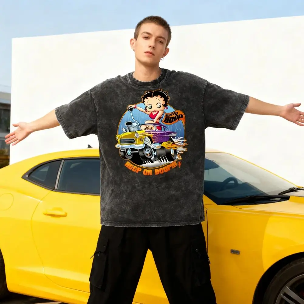 

2025 Betty, мужская футболка с рисунком автомобиля, потертая футболка, мужская винтажная повседневная удобная уличная футболка с героями мультфильмов