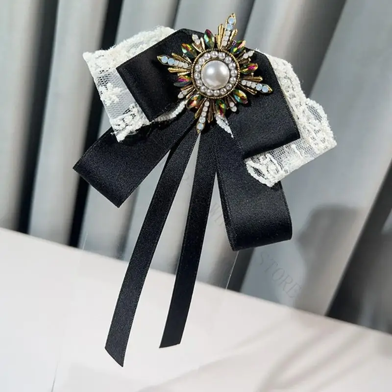 R7UF Lace Ribbon Tie Brooch Pin Detachable Traditional Collar Flower Hand Embroidered For Women Shirt Dress Wedding Graduation
