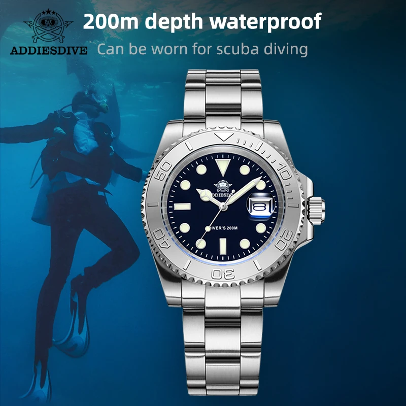 ADDIESDIVE Fashion Quartz Men\'s Watches Stainless Steel Bezel 41mm 20ATM Water Resistant Super Luminous Dive Date Clock Reloj