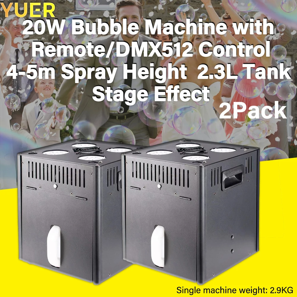 

YUER NEW Stage Bubble Machine 20W with Remote/DMX512 Control, 4-5m Spray Height, 2.3L Tank Capacity - 2-Pack for Events Parties.