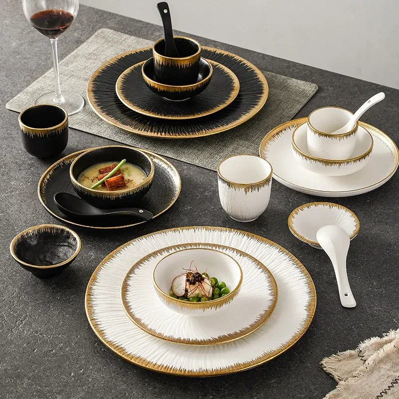 

Western Food Plate Steak Plate Golden Border Ceramic Plate Tableware Restaurant Banquet Dessert Bone Dish Bowls Spoon Tea Cup