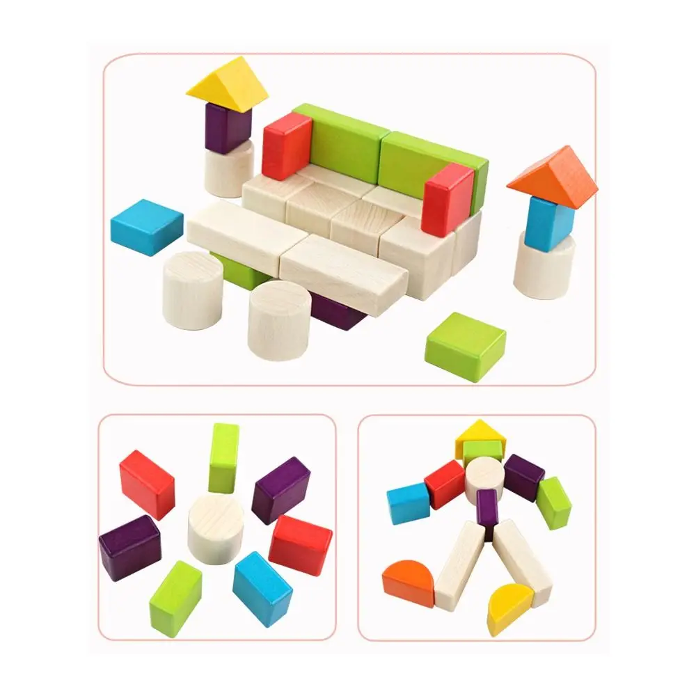 Un set di blocchi di legno in materiale sicuro, bordi lisci, colori vivaci, blocchi colorati, riconoscimento della forma, giocattolo per bambini piccoli