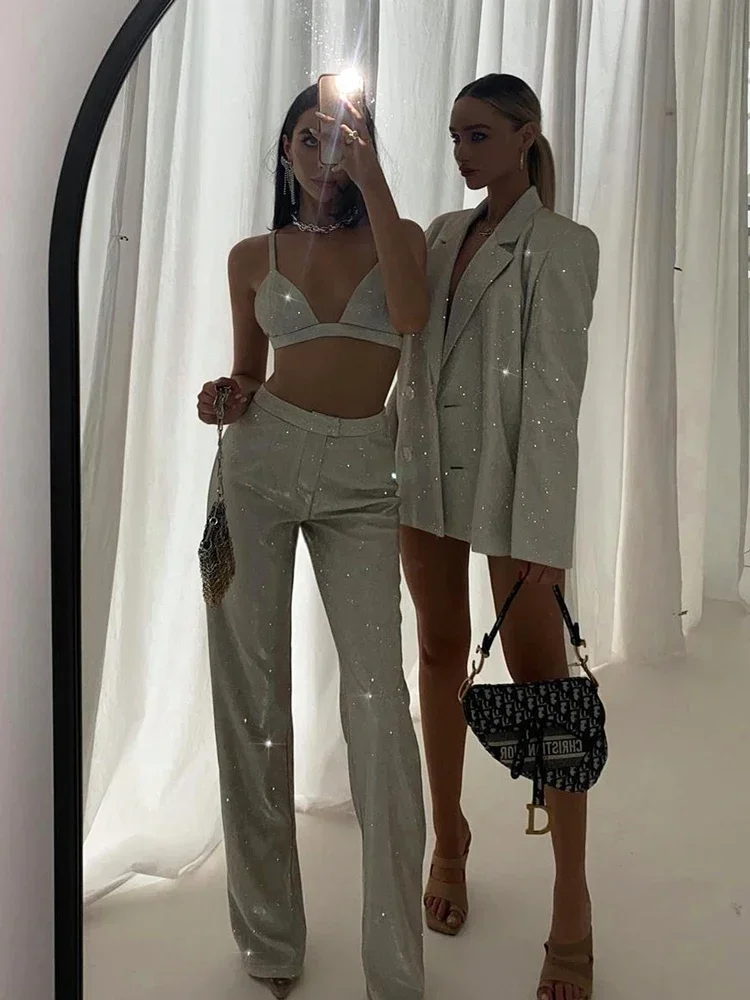 Leosoxs Glitter Silver Party Two Piece Pants Set Women Club Night Outfits Fashion Sparkly Blazer Matching Sets Femme Tracksuit