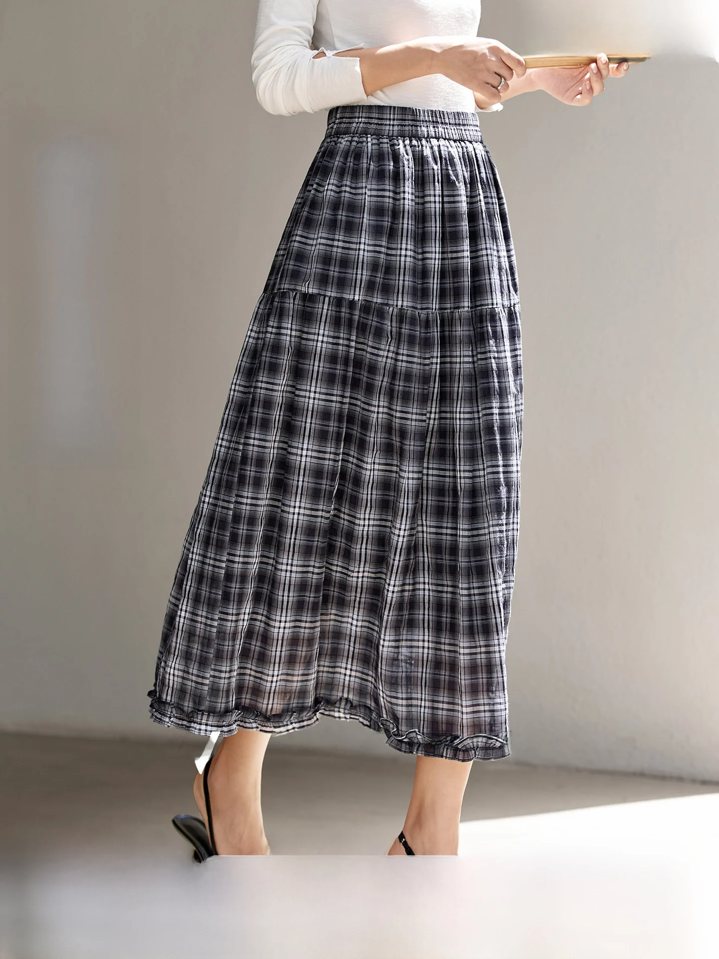 

Ретро-юбка миди в клетку, синяя, повседневная, расклешенная, универсальная, А-силуэт, из полиэстера с эластаном, свободного кроя, на подкладке