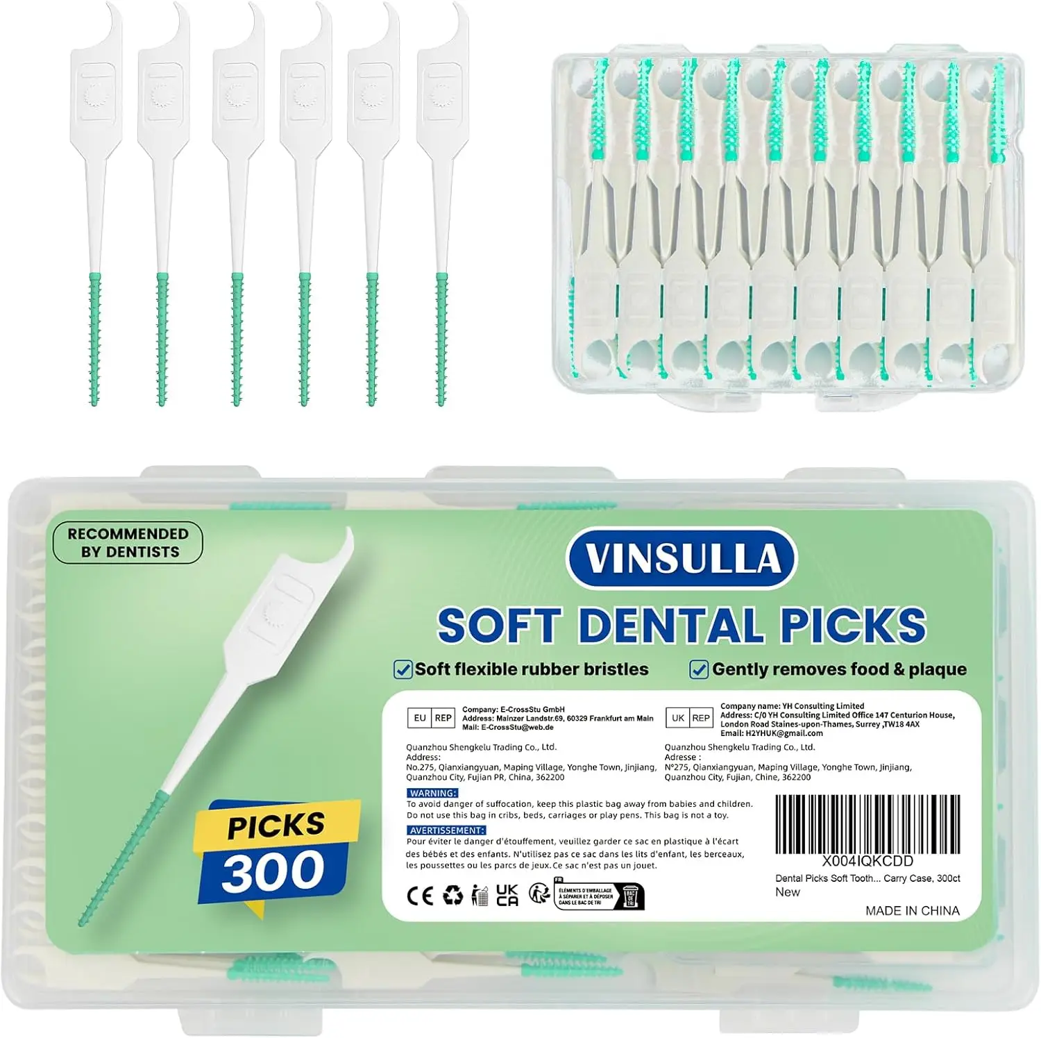 

Picks Soft Tooth Picks for Teeth Cleaning, Easy to Use Disposable Interdental Brushes with Convenient Carry Case (Green, 300 Cou