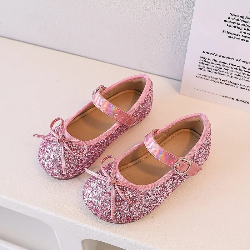 Fashion Shining Paillette Baby Girls Mary Jane Flats Cute Bow Children's Shoes Performance Show Kids Casual Shoes