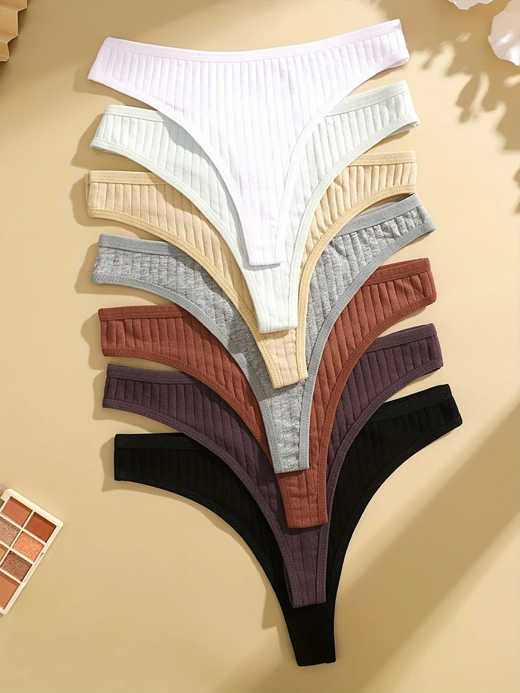 7PCS Dámské sexy bavlněné kalhotky G-string Jednobarevné žebrované měkké tanga Dámské kalhotky s nízkým pasem Dámské sexy bikiny spodní prádlo - náhled 2