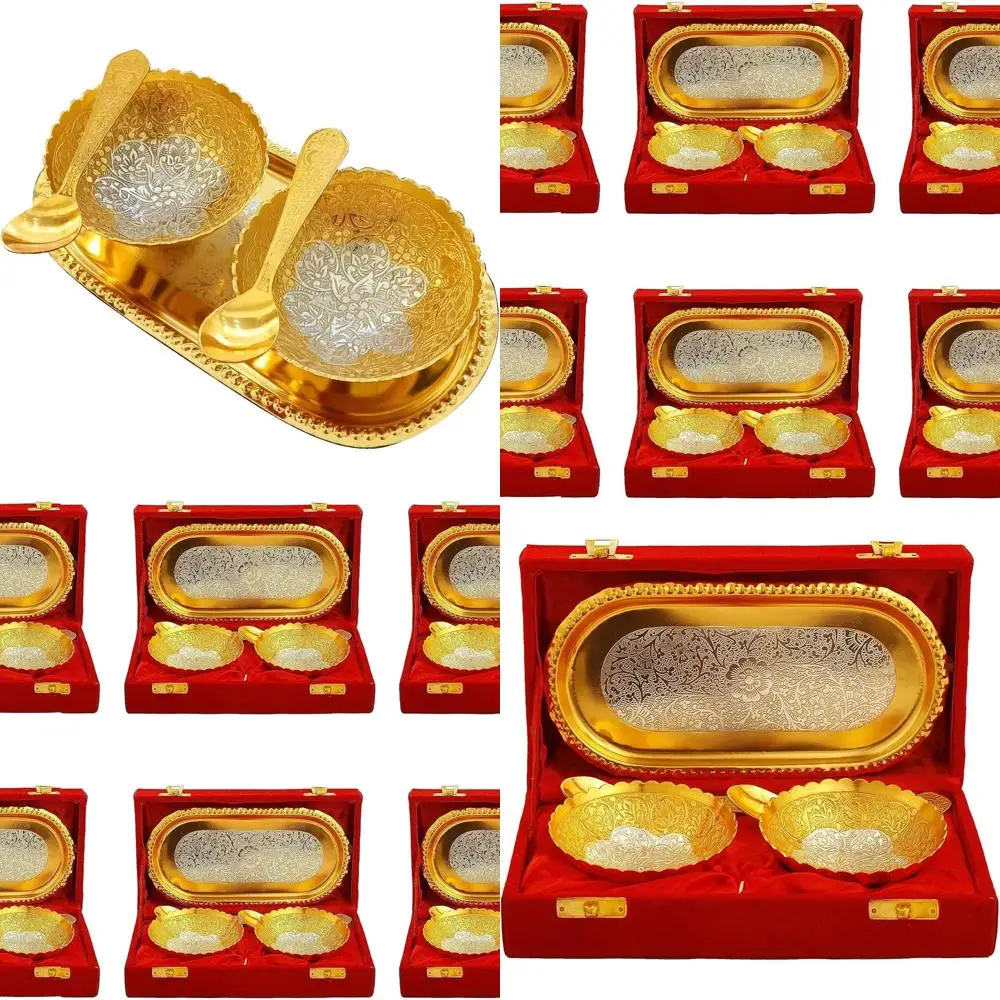 

Gold and Silver Plated Bowl, Spoon, and Tray Set with Red Velvet Box - 6-Piece Dessert Serving Set for Home Decor and Gifts