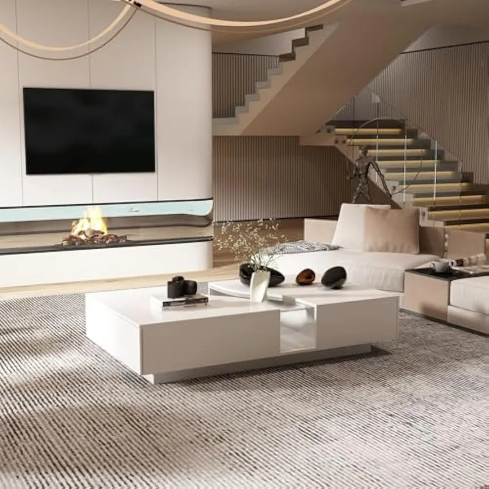 

Modern Coffee Table with Lights & Glass Tabletop, Living Room Coffee Table with 2 Drawers, Central Table with Storage