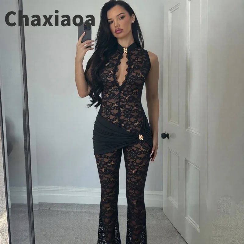 

Chaxiaoa Lace See Through Sexy Jumpsuits Women Rompers Elegant Hollow Out Sleeveless High Waist Ruched Club Party Jumpsuit