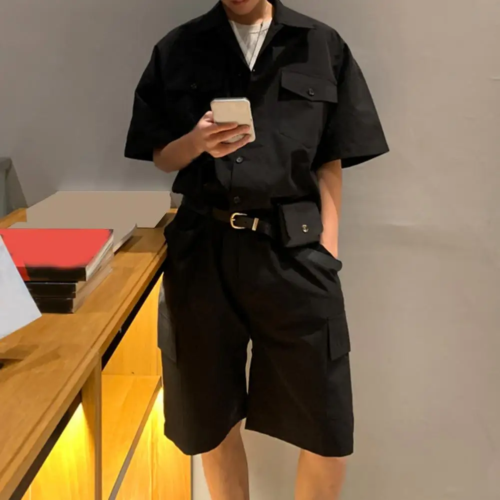 Male Fashion with Leather Belt Bag Men Cargo Overalls Streetwear Korean Rompers Pockets Short Sleeve Button Jumpsuits Women Men