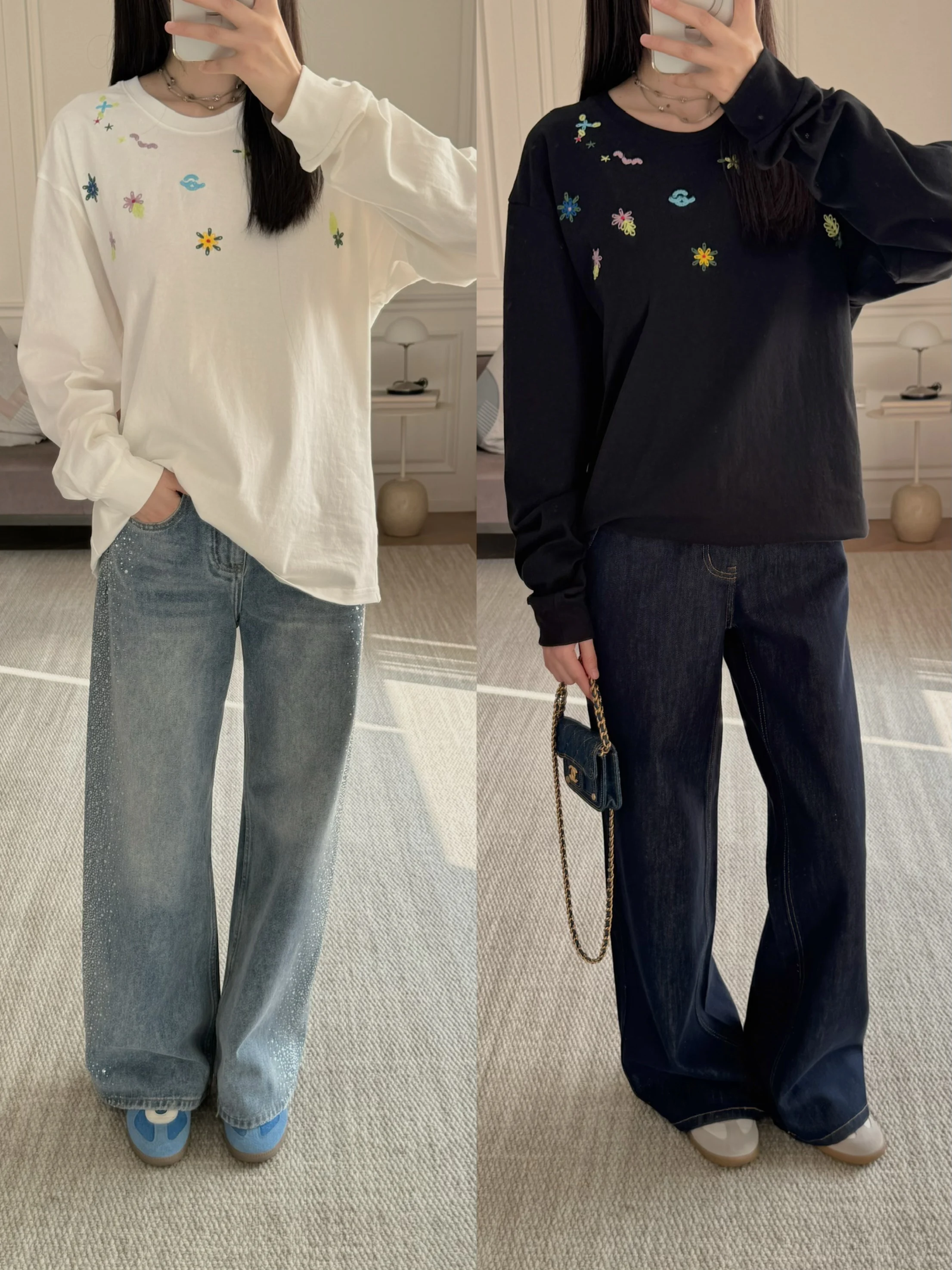 

Весеннее настроение! Футболка женская из 100% хлопка с цветочной вышивкой, свободного кроя, с круглым вырезом и длинными рукавами, повседневная, модная, хлопковая.