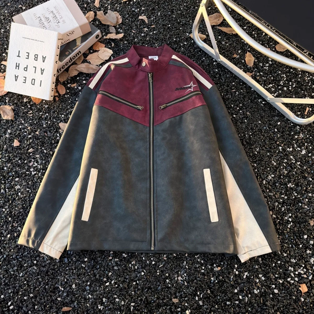 

American Color Block Trend Design Small Stand Collar Men's Loose Workwear Retro Jacket PU Leather Casual Spring Outerwear