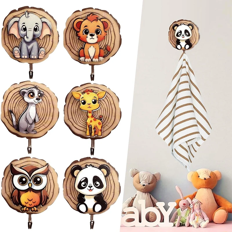 6Pcs/Set Children\'s Coat Racks, Coat Hooks For Children In Animal Shape Self-Adhesive Hooks Wall Hooks Wood No Drilling Decor