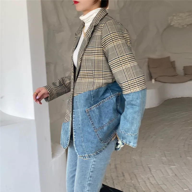 Autumn Fashion Denim Spliced Plaid Blazer Coat Women Big Pocket Jeans Patchwork Suit Jacket Female Loose Casual Mid Long Blazers