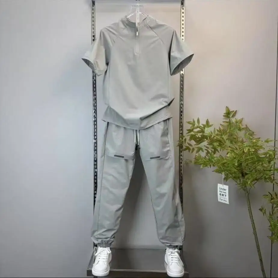 

Spring Autumn New Men's 2Pcs Set Casual Short Sleeve Sports T-shirt Zipper Stand Collar + Pants Outdoor Daily Wear Loose Comfort