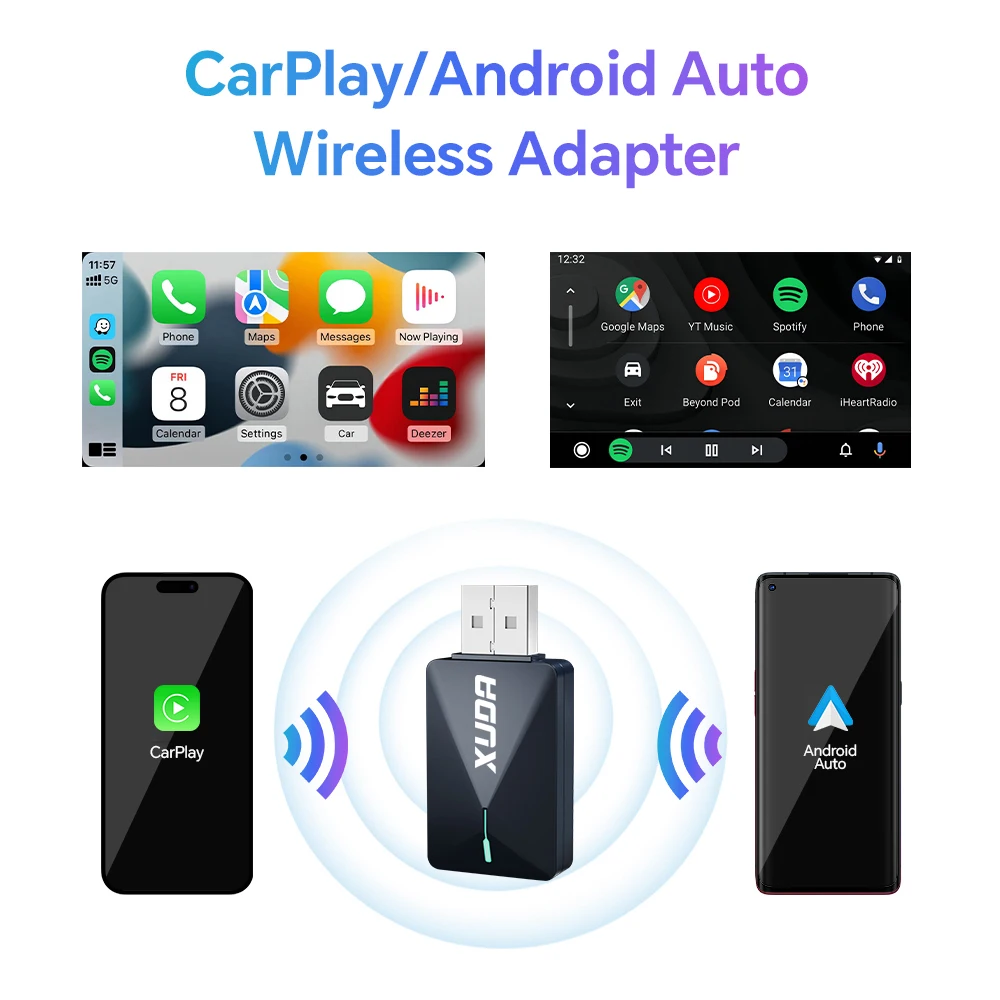 XUDA 2025 Mini Wired to Wireless 2 in 1 AI Box Carplay 5G Wif & Bluetooth 5 Android Auto Plug and Play Non-inductive Connection