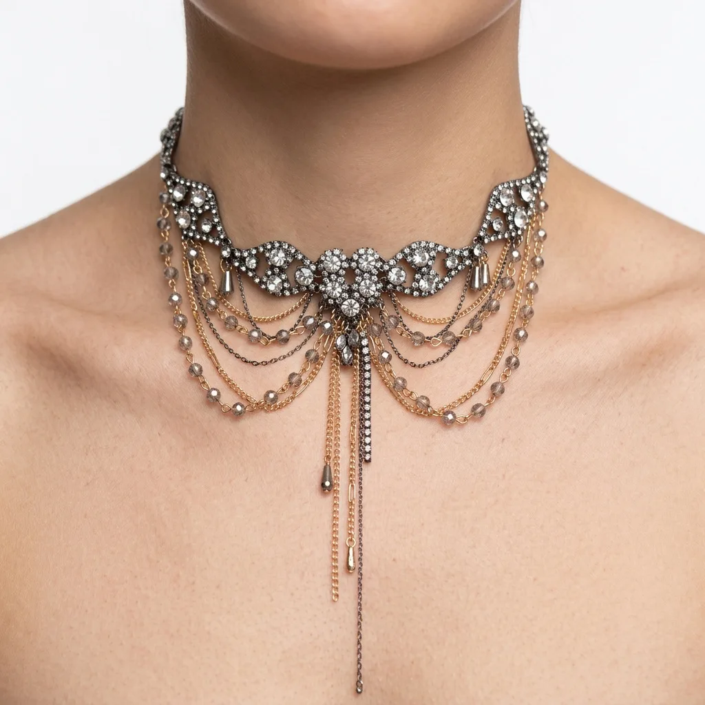 Multi Layer Long Rhinestone Lace Metal Chain Tassel Pendant Dinner Necklace