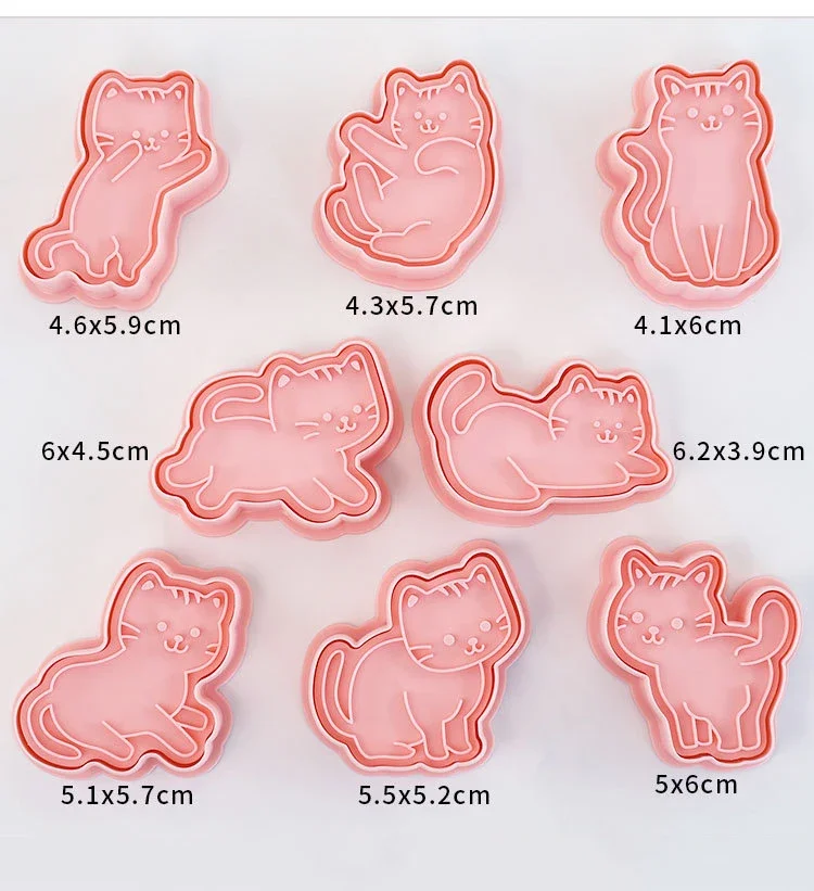 8Pcs Cat Cookie Mold Set Cartoon Cat Shape Cookie Stamp Fondant Cake Decoration Tools 3D Hand Pressure Plastic Biscuit Mold
