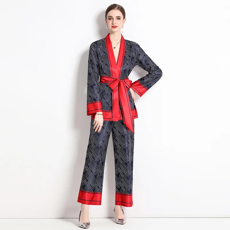 Luxury Fashion 2 Piece Set Print Red Pants Suit Women\'s Long Sleeve Blouse Shirts+ELastic Waist Pocket Straight Trouser Sets