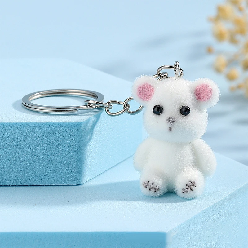 Cute Flocking Bear Keychain Cartoon 3D Animal Keyring Lovely Backpack Pendant Bag Charms Car Key Holder Couple Gifts