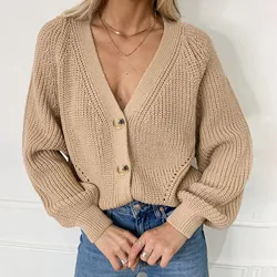 Solid Cardigan Sweater Women Cozy Soft Knit Button Up V-Neck Jumper Basic Knitwear Autumn Winter Outfit Warm Outerwear