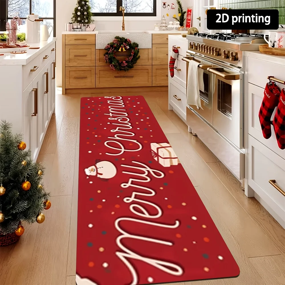 Simple Merry Christmas Snowman Gift Box Runner Rug Cute Dot Confetti Print Long Floor Rug Warm Xmas Hallway Entry Decor Rug