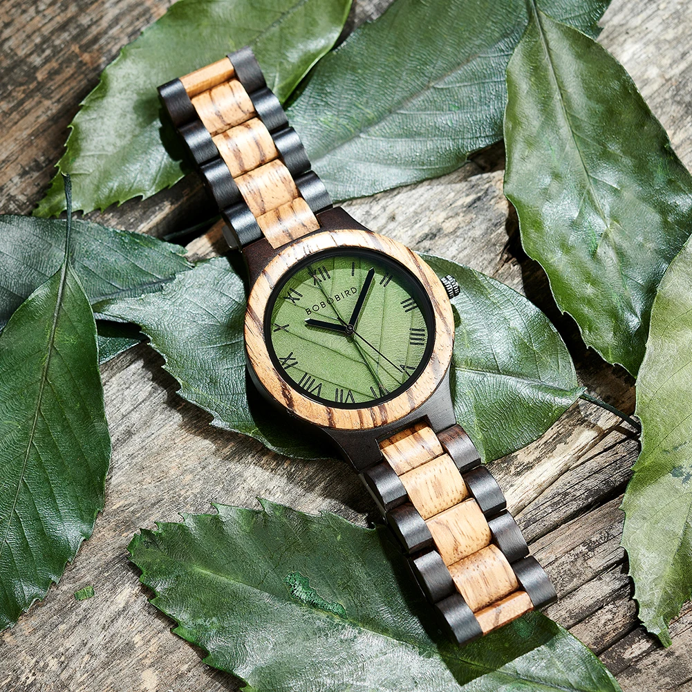 BOBO BIRD Men\'s Wood Watch with Genuine Leaf, Original Wooden Clock, Customized Watch, Handmade Watch, Anniversary Gift for Man