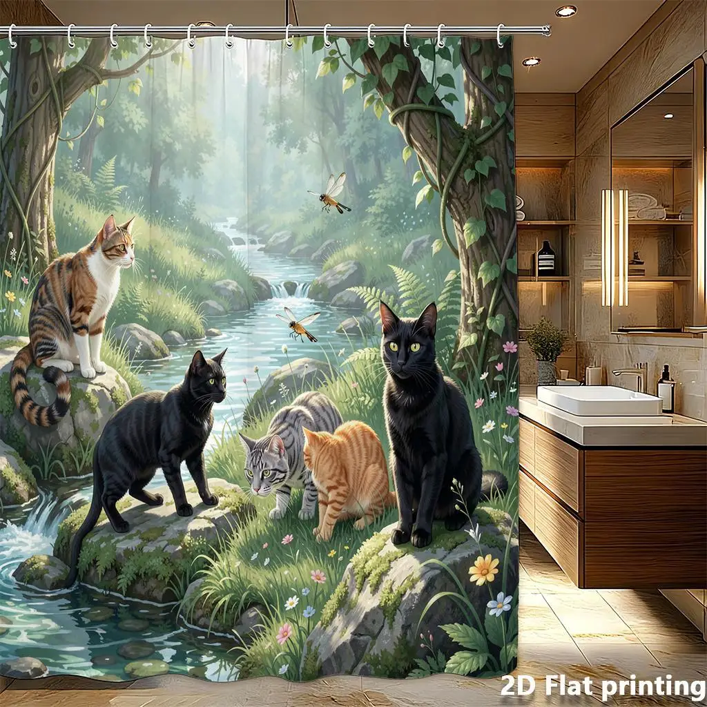 

Cute Cats Forest Wildlife Shower Curtain Waterproof Bathroom Curtain Jungle Nature Aesthetic Decor Art Print for Kids Adults