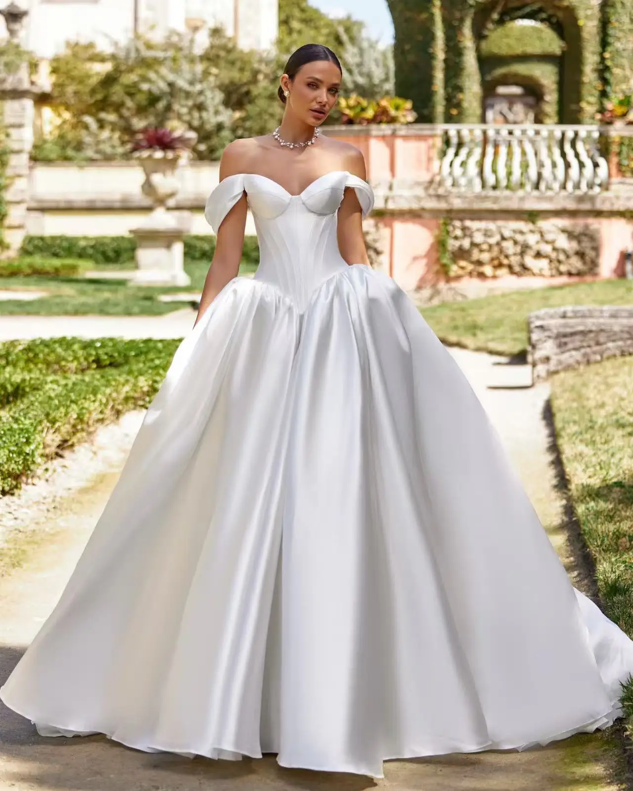 Satin Ball Gown Bridal Gown Off The Shoulder Sweetheart Wedding Dress Corset Custom Made Cathedral Train