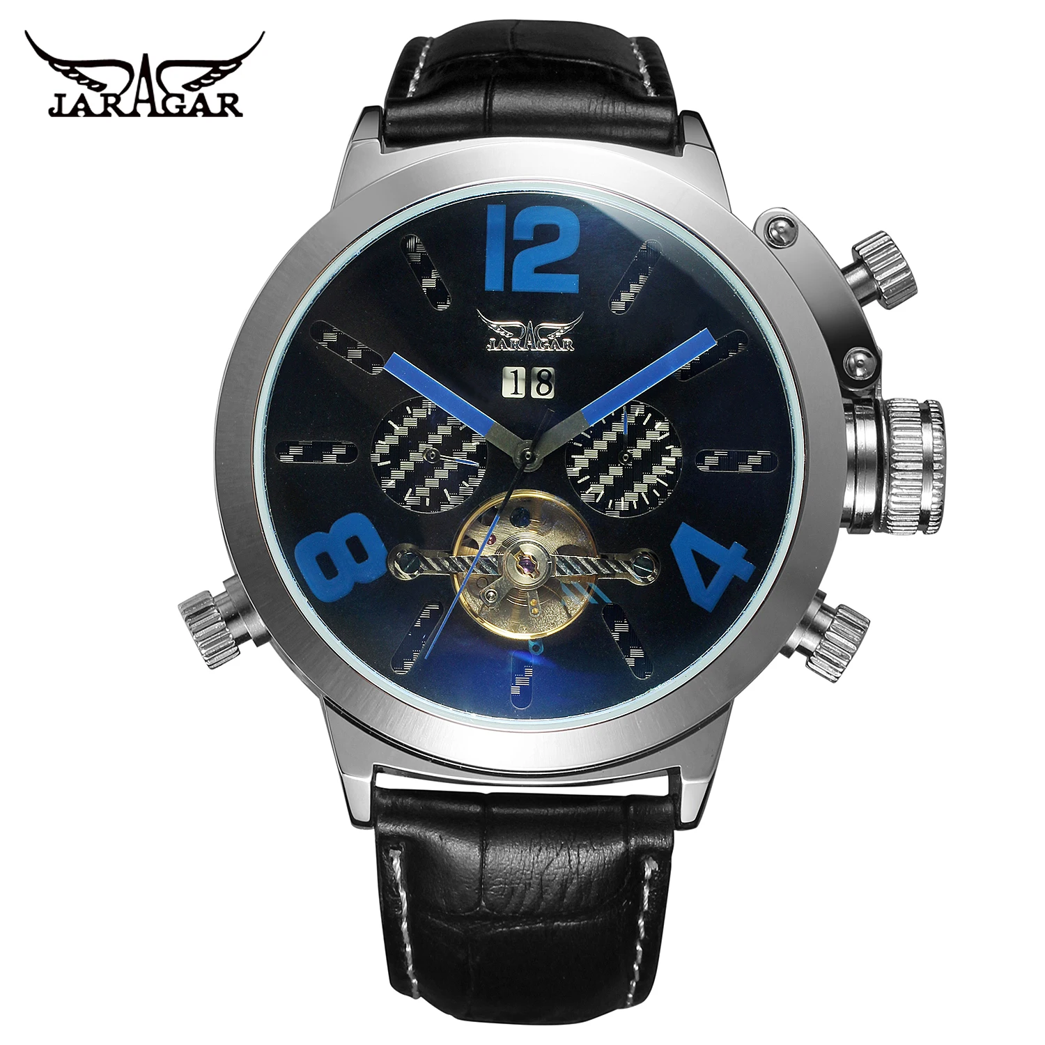 JARAGAR2023 Men\'s Watch Luxury Brand Fashion Glass Mechanical Skeleton Watches Leather Band Military Army WatchRelogio Masculino