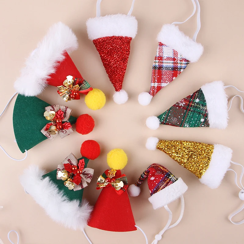 Pet Mini Plush Christmas Hat Cute Felt Ball Bowknot Bell Santa Hat Cats Dogs Xmas New Year Party Caps Pet Navidad Costume Decor