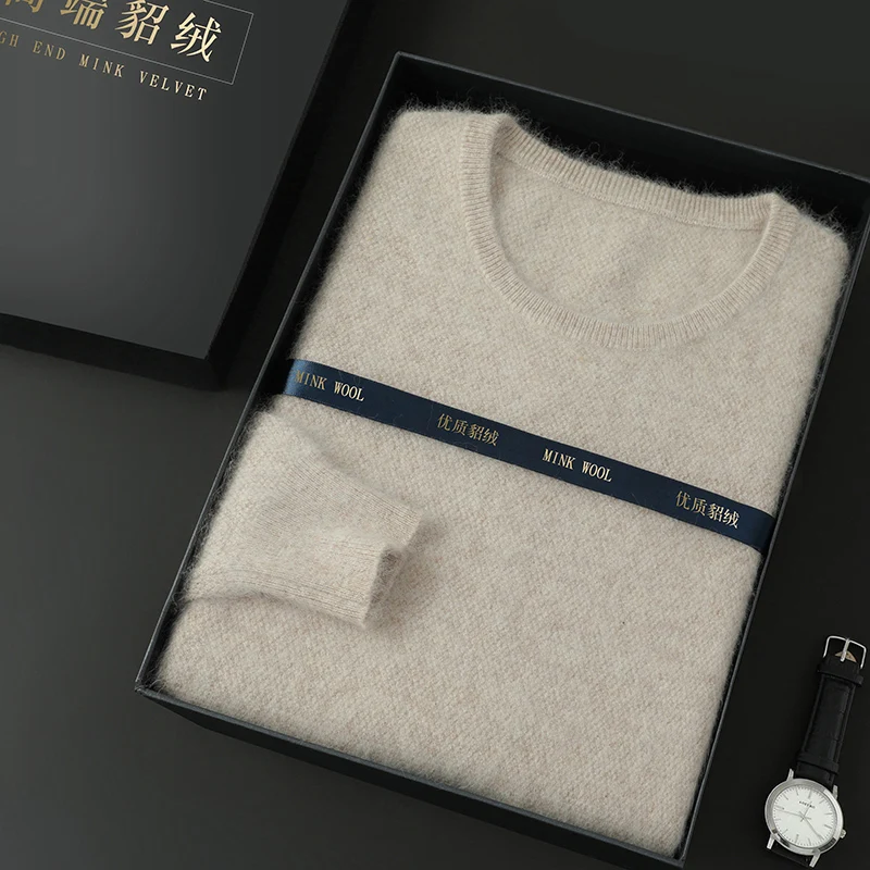 Mens Mink Wool Long Sleeve Knitted Sweaters Solid O-neck Loose Pullover Men Clothing Lightweight Soft Warm and Comfortable Top