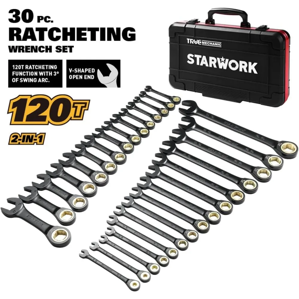 VERO MECCANICO ™   Set di 30 chiavi a cricchetto SAE e metriche 120T, serie regalo con custodia nera, professionale