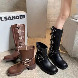 2026 winter new round head women's ankle boots leather buckle thick heel thick soled retro western mid-leg Knight ladies boots