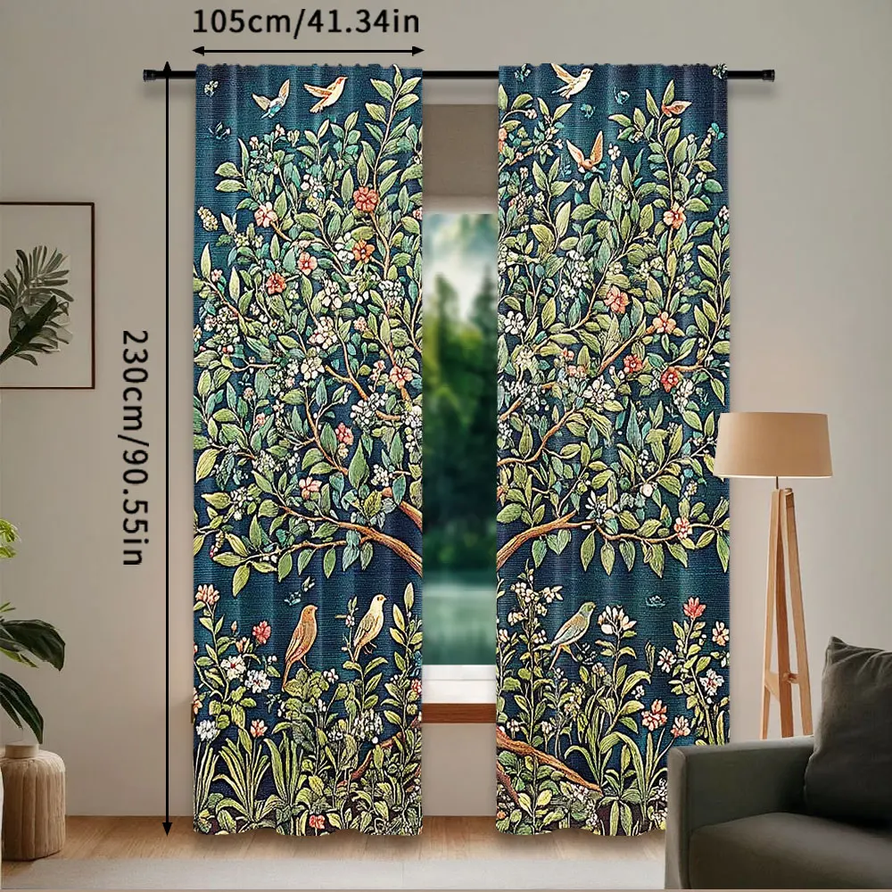 2Pcs Boho William Morris Curtain Vintage Tree Of Life Art Style Tree With Flowers Curtain Suitable For Bedroom Living Room