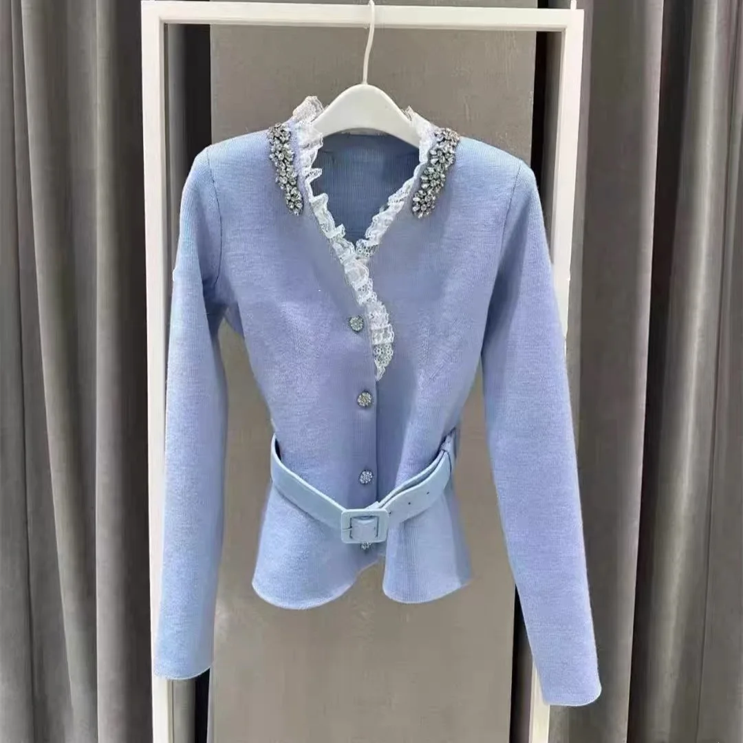 Mulheres rendas diamante malha cardigan jaqueta com decote em v temperamento moda casaco