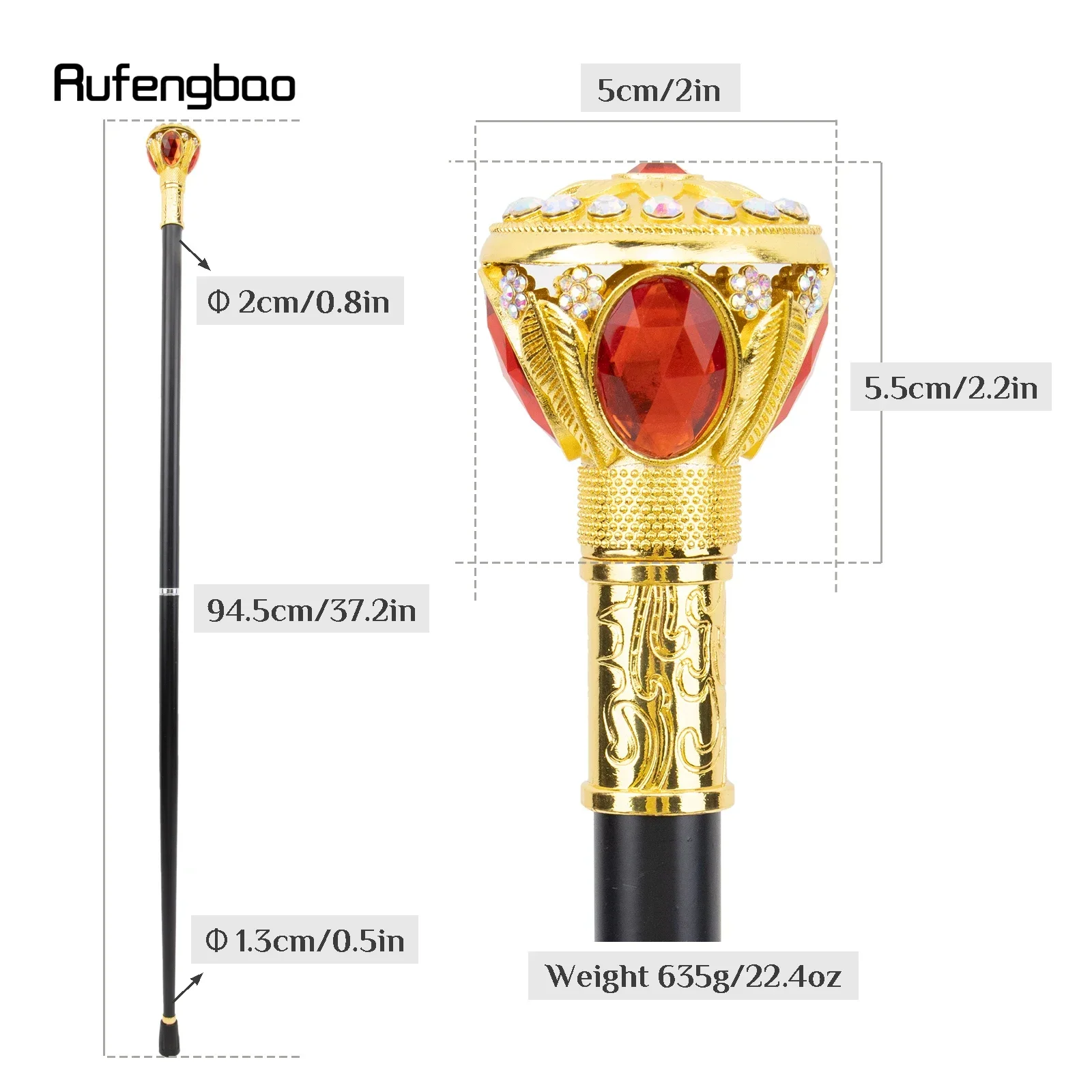 Golden Red Artificial Diamond Cane Stage Cane Decorative Stick Decorative Cane For Cosplay And Parties, For Cosplay & Party