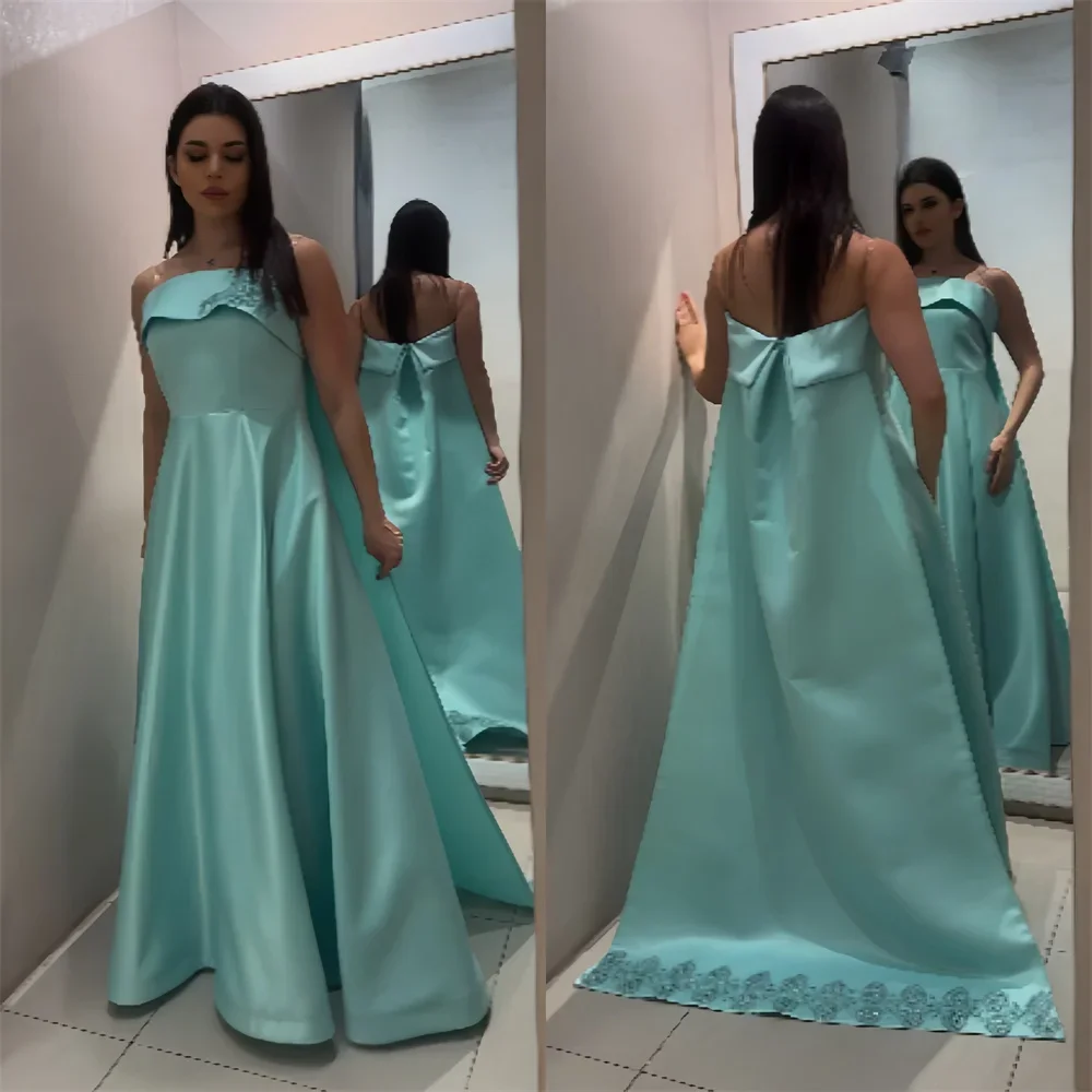 

Customized Evening Dress Formal Dearin Spaghetti Strap A-line Floor Length Open Back Skirts Layered Draped Sleeveless Bead Bespo