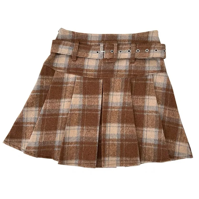 2026 New Vintage Korean High Waist Thickened Woolen Plaid A- Line Mini Skirt Women's Autumn Winter College Pleated Short Skirts