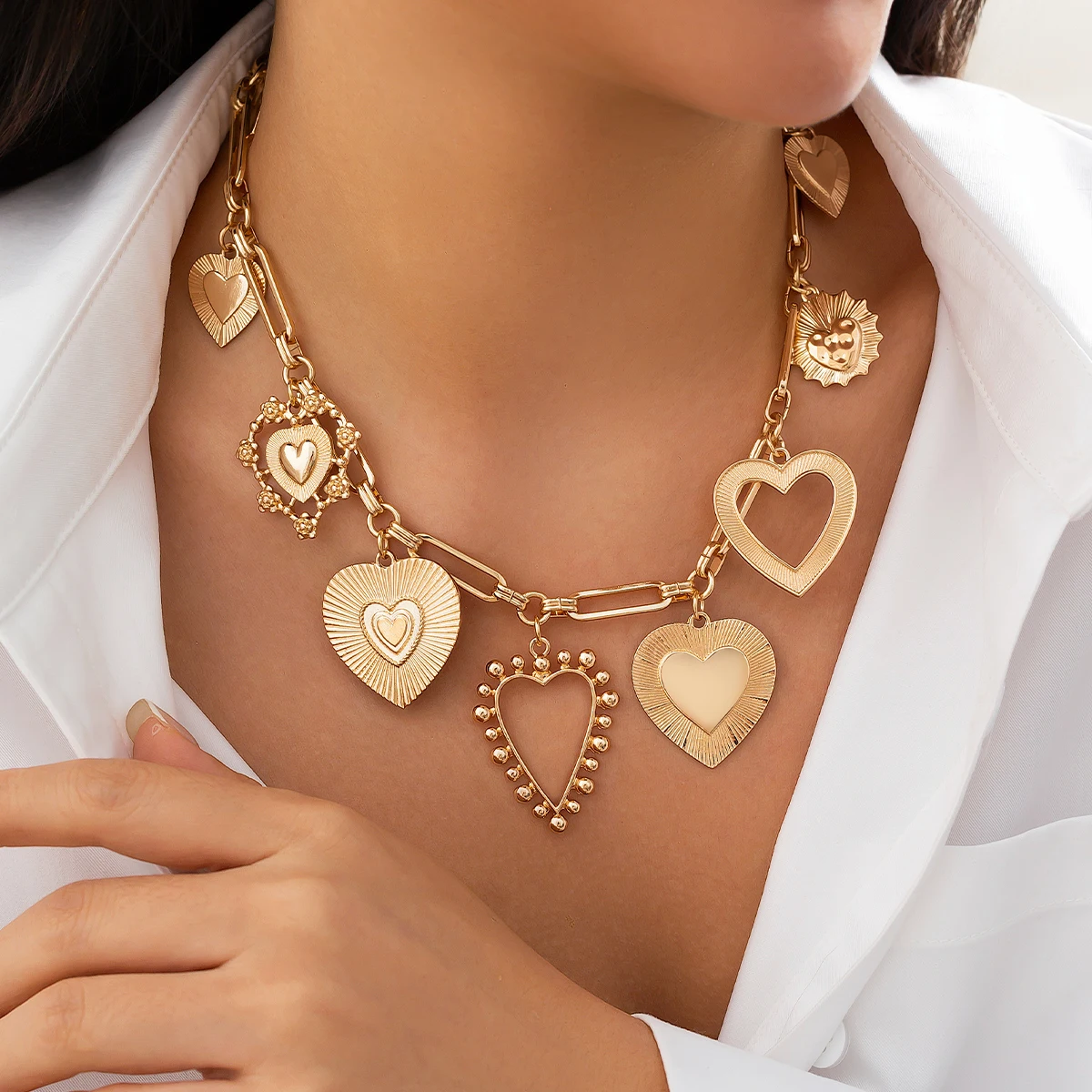 PuRui Goth Personalized Big Love Heart Pendant Choker Necklace for Women Punk Metal Gold Color Chain Neck Jewelry Accessories
