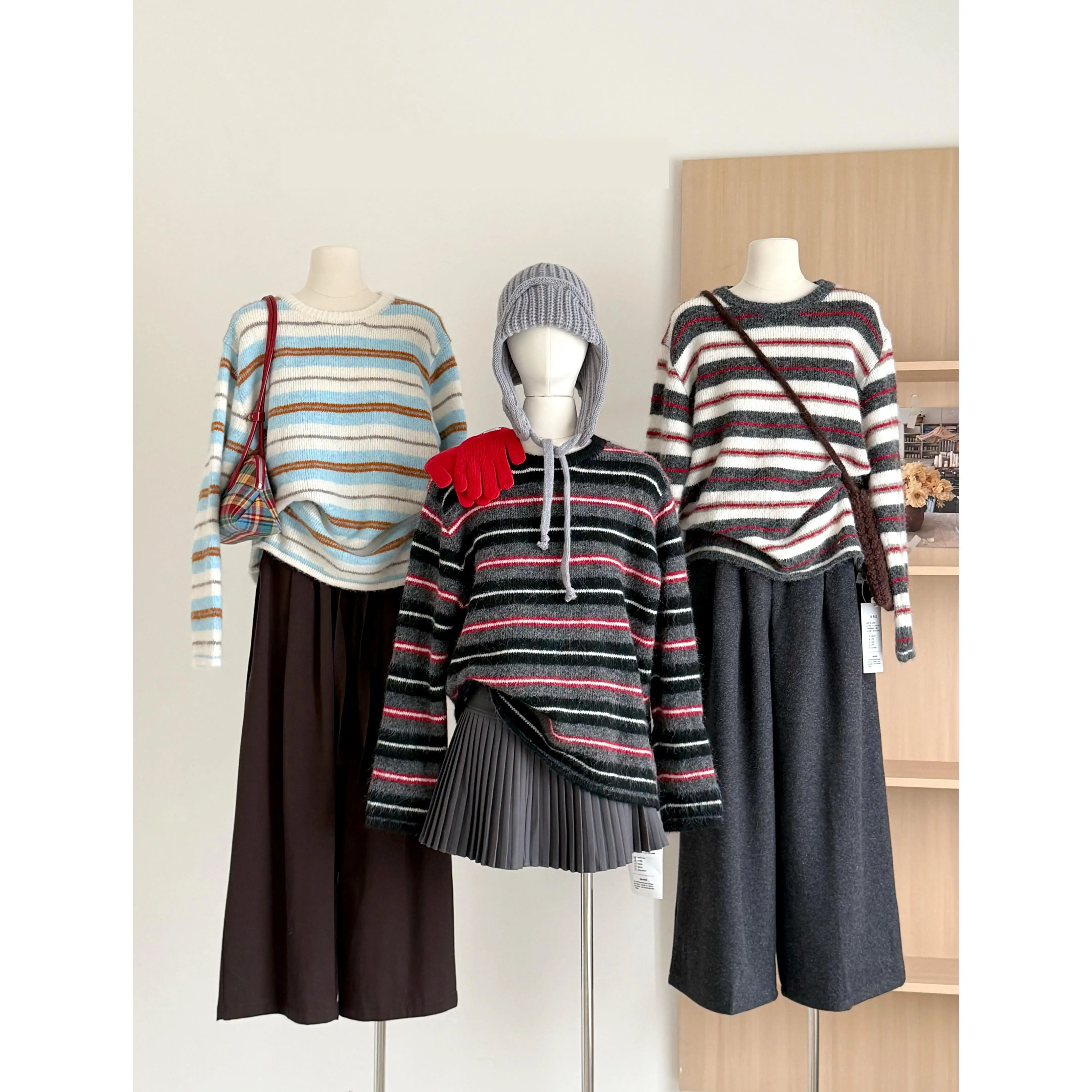 

Женский осенне-зимний свободный свитер с круглым вырезом в полоску и длинными рукавами, женский повседневный пуловер, вязаный топ, уличная одежда, базовый джемпер