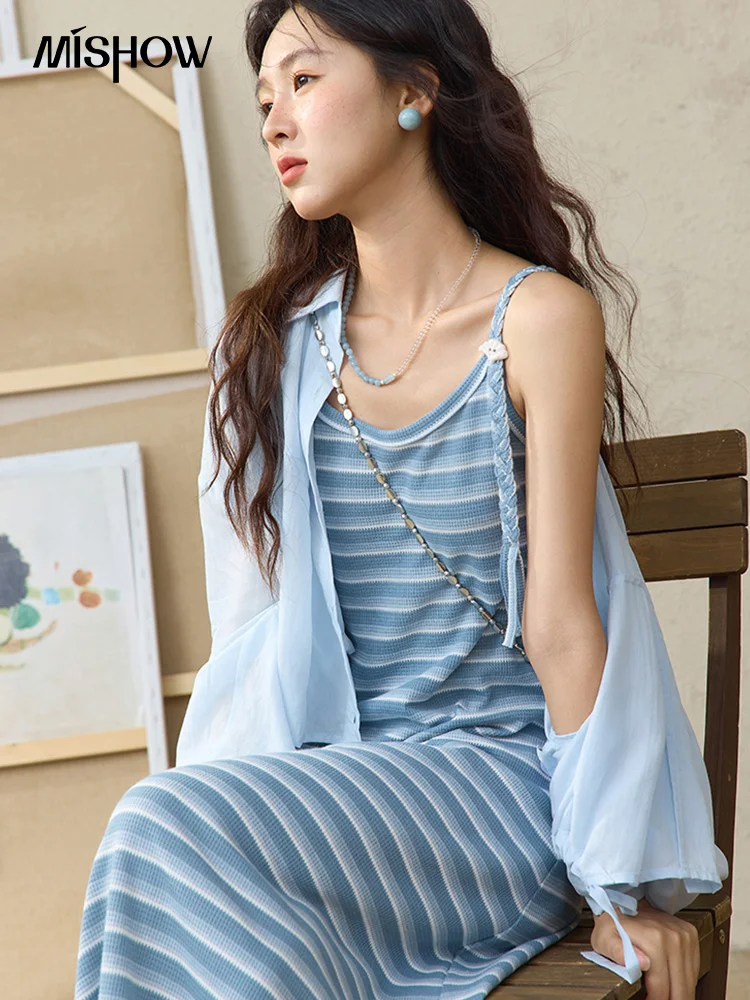 MISHOW Women's Blue Striped Camisole Dress Lyocell Shirt Separately Summer 2025 Lapel Solid Shirt O-neck Strap Dress MXE34L2285