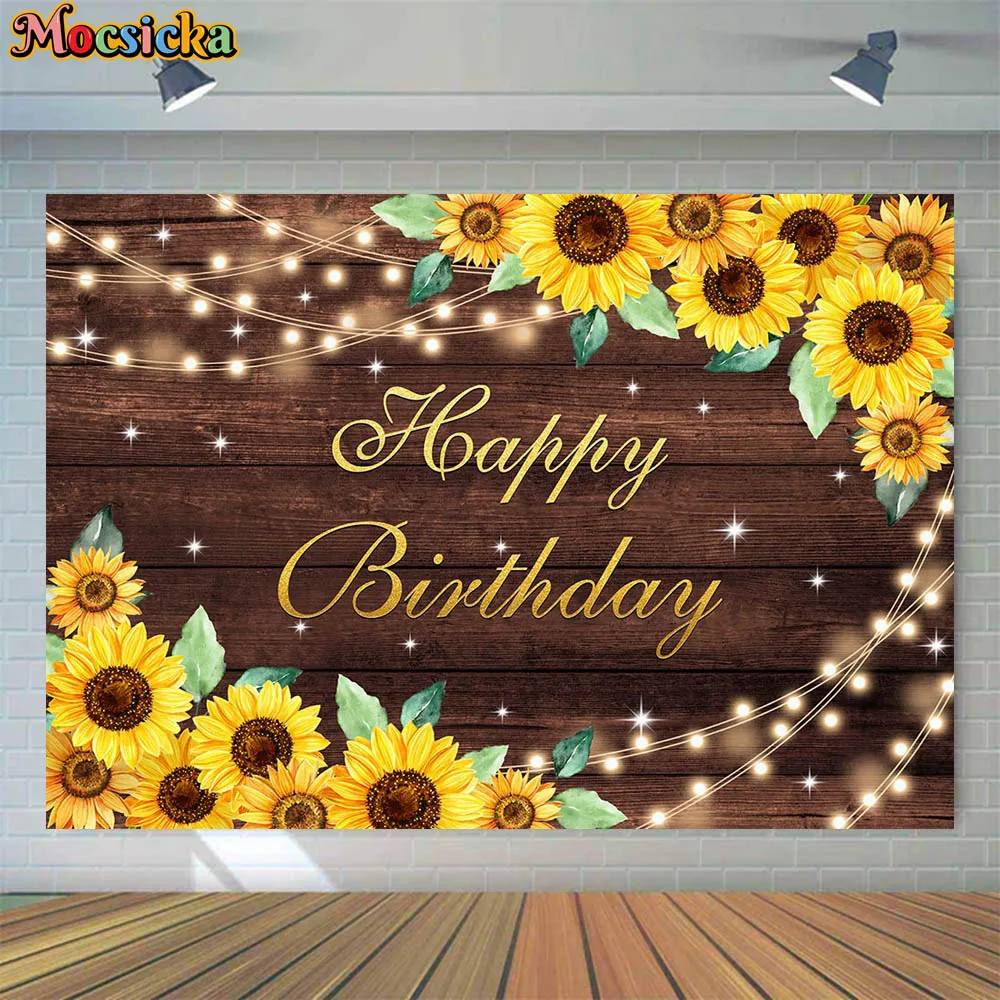 

Mocsicka Happy Birthday Backdrop Sunflower String Lights Wooden Board Newborn Birthday Photography Backdrops Custom Banner Decor