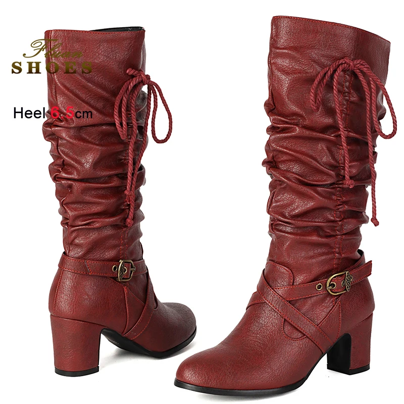 2025 خريف شتاء الأحمر القوس مطوي المرأة منتصف العجل الأحذية جولة تو فارس الأحذية سميكة سوليد الكعوب 6.5 سنتيمتر الجانب سستة مكدسة الأحذية #2